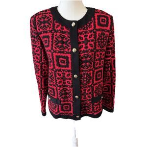 Vintage Stuart Alan Red Black Knit Cardi Jacket Gold Buttons Made In USA Large